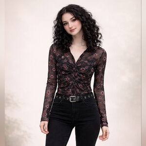Midnight Hour Elegant Black Floral Long Sleeve Mesh Stretchy Blouse XS/S
